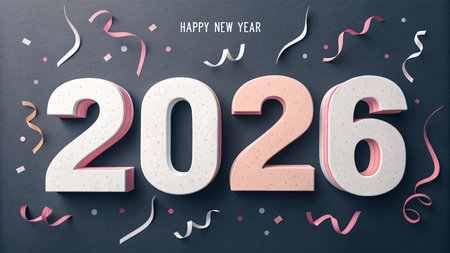 Large 3D numbers spelling out 2026 with festive confetti and streamers.の素材