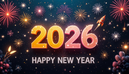 A festive New Year's Eve celebration with the year 2026 and fireworks.の素材