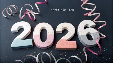 Large numbers spelling out 2026 with colorful streamers and confetti on a dark background.の素材