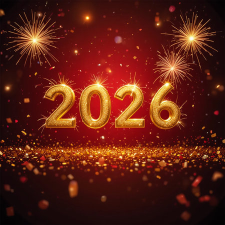 Golden balloons spelling out 2026 with fireworks and sparkling glitter.の素材