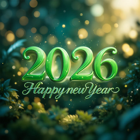 Green 2026 numbers and 'Happy New Year' text with bokeh lights.の素材