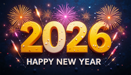 Bright yellow 2026 numbers with a celebratory fireworks display.の素材