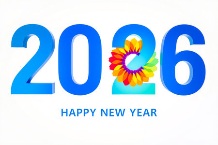 Bold blue numbers 2026 with a vibrant flower replacing the zero.の素材