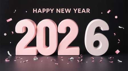 Large pink 3D numbers spelling out 2026 with confetti against a dark background.の素材