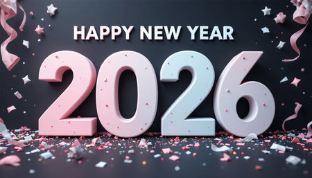 Large numbers spelling out 2026 with confetti and streamers, celebrating the new year.の素材