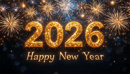 Bright golden 2026 text with 'Happy New Year' below, set against a vibrant fireworks display.の素材