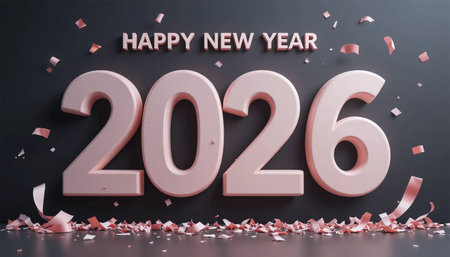 Large pink numbers display 2026 with falling confetti and Happy New Year text.の素材