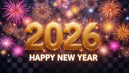 Bright golden 2026 text with a vibrant fireworks display celebrating the new year.の素材
