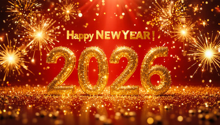 Golden balloons spell out 2026 with fireworks and confetti for New Year's celebration.の素材