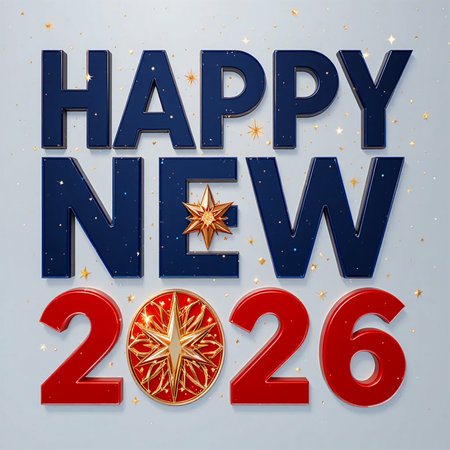 Large blue letters spell Happy New Year with red numbers 2026 and festive embellishments.の素材