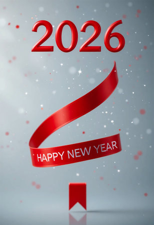 A festive 2026 New Year's greeting with a swirling red ribbon and scattered confetti.の素材