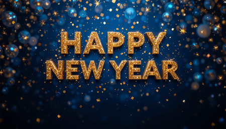 Golden text "Happy New Year" on a dark blue background with falling confetti.の素材