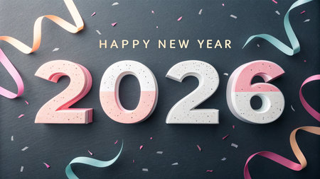 Large 3D numbers spelling out 2026 with festive streamers and confetti against a dark background.の素材