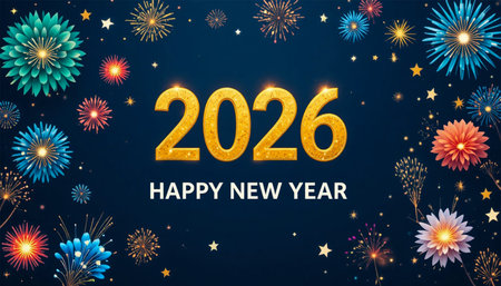 A vibrant New Year's Eve celebration with the year 2026 prominently displayed amidst fireworks.の素材