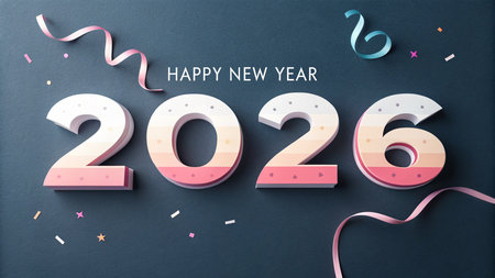 Large 3D numbers spelling out 2026 with celebratory streamers and confetti.の素材