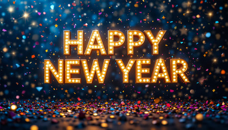 Brightly lit 'Happy New Year' sign surrounded by a shower of colorful confetti.の素材