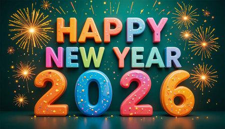 Colorful balloons spell out Happy New Year 2026 with fireworks in the background.の素材