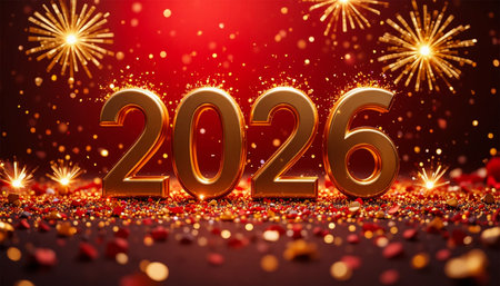 Golden 2026 numbers shine brightly amidst a festive display of fireworks and confetti.の素材