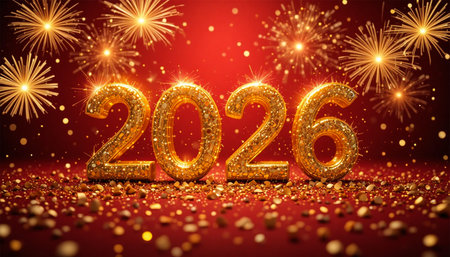 Shiny gold balloons spell out 2026 with a festive backdrop of fireworks and confetti.の素材