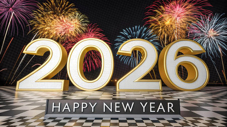 Large illuminated numbers 2026 and Happy New Year sign with fireworks.の素材