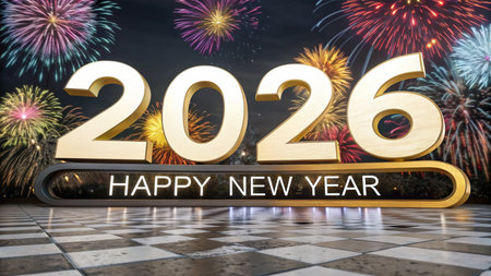 Golden 2026 numbers and Happy New Year sign with vibrant fireworks.の素材