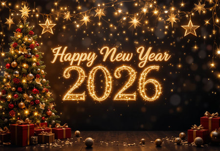 A festive New Year's Eve celebration with glowing lights, a Christmas tree, and gifts.の素材