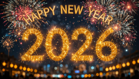 Golden glowing numbers 2026 illuminate a festive night sky with fireworks.の素材