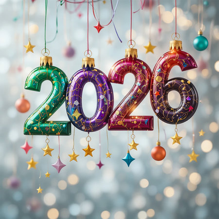 Hanging colorful 2026 ornaments with bokeh lights create a festive New Year's Eve atmosphere.の素材
