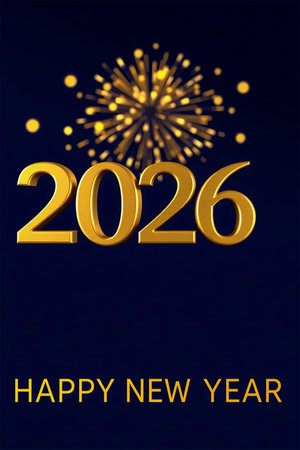 A festive dark blue background with golden "2026" text and a bright fireworks display, wishing a happy new year.の素材