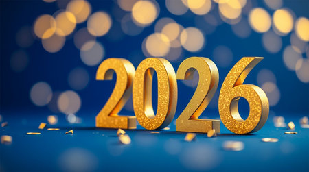Golden 3D numbers spelling out 2026 stand on a blue surface with scattered confetti and a bokeh background of warm lights.の素材