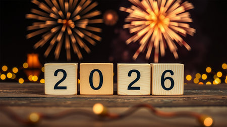Wooden blocks display the year 2026 against a backdrop of vibrant fireworks and warm bokeh lights, symbolizing a festive new year.の素材