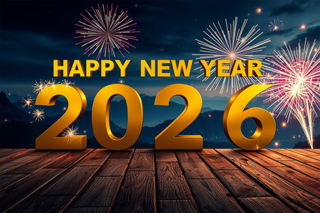 Golden 3D numbers spelling out 2026 sit on a wooden surface with colorful fireworks exploding in the night sky.の素材