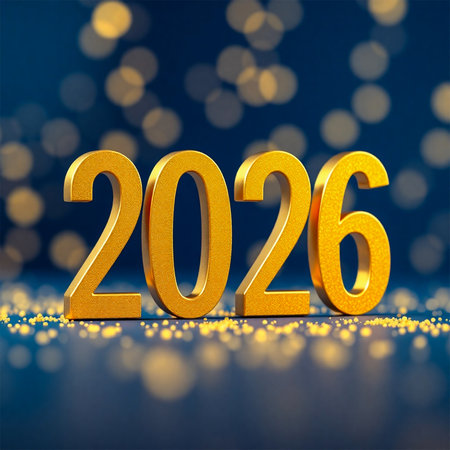 Large golden numbers spelling out 2026 stand prominently against a dark blue background with blurred golden bokeh lights.の素材