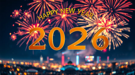 A dazzling fireworks show illuminates the night sky above a blurred city skyline, celebrating the arrival of the new year 2026.の素材