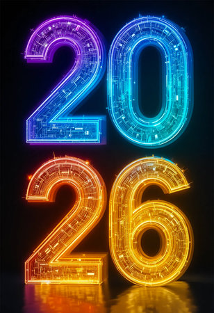 Large, illuminated neon numbers spelling out 2026 with a vibrant, glowing effect.の素材