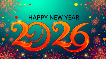 A vibrant New Year's Eve celebration featuring the year 2026 in bold orange script surrounded by fireworks.の素材