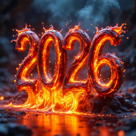 The year 2026 is depicted in fiery, molten numbers surrounded by intense, vibrant flames.の素材