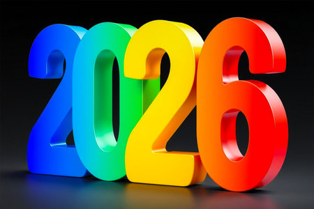 Brightly colored 3D numbers '2026' stand out against a dark background.の素材