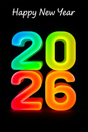 Brightly colored 3D numbers 2026 against a black background with Happy New Year text.の素材