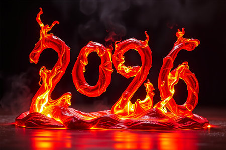The year 2026 is depicted as molten, fiery numbers engulfed in flames and smoke.の素材