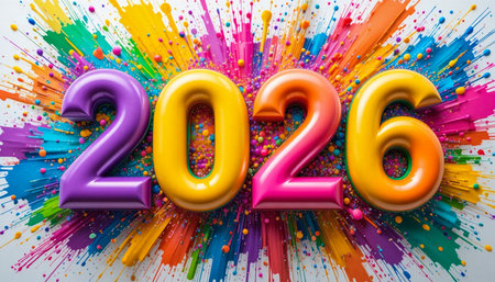The year 2026 is celebrated with bright, bold numbers amidst a dynamic explosion of paint.の素材