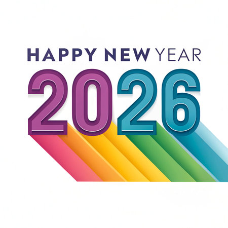Bold numbers 2026 announce Happy New Year with vibrant rainbow stripes below.の素材