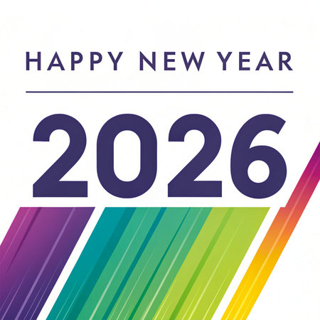 A festive graphic celebrating the arrival of 2026 with vibrant, abstract rainbow-like stripes.の素材