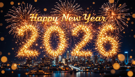 A vibrant fireworks display lights up the night sky, celebrating the arrival of the New Year 2026.の素材