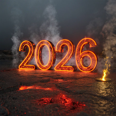Glowing orange numbers of 2026 rise from a dark, smoky, and fiery ground.の素材