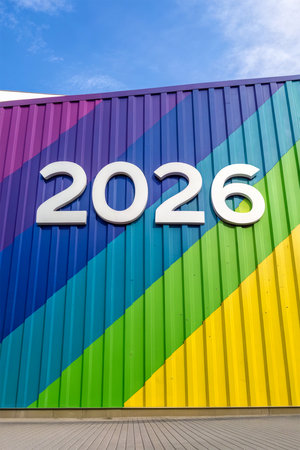 The year 2026 is prominently displayed on a building with a vibrant rainbow-colored corrugated metal facade.の素材