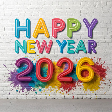 Balloons spell out Happy New Year 2026 with vibrant paint splatters on a white brick background.の素材