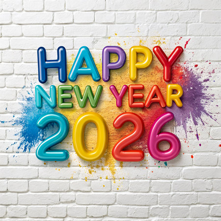 Balloons spelling Happy New Year 2026 with vibrant paint splatters on a white brick background.の素材