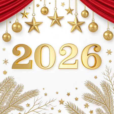 Golden 2026 numbers surrounded by Christmas ornaments and festive decorations.の素材