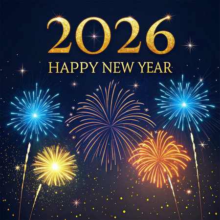 Vibrant fireworks explode in a dark night sky celebrating the arrival of 2026.の素材
